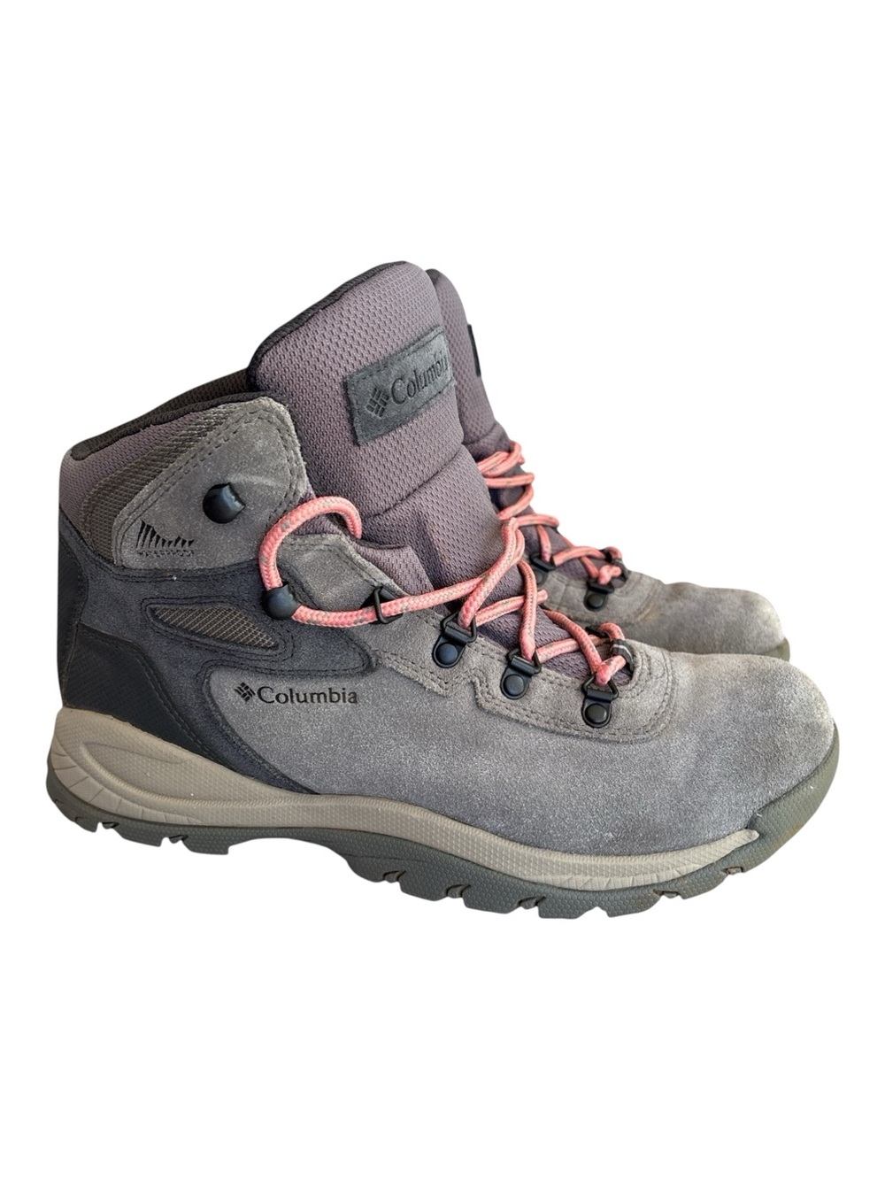 Columbia Women’s Newton Ridge Waterproof Hiking Boots Gray Suede Pink Laces